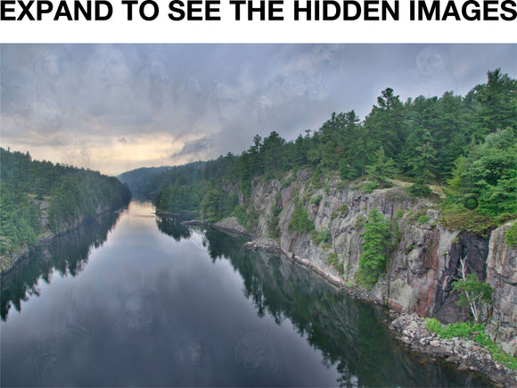 Photograph of the French River in Ontario minimally painted to define imagery emanating from clouds, rocks, water and trees