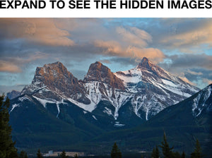 Photograph of the Three Sisters Mountain Range in Canmore Alberta. Minimally painted to define imagery in the Clouds Mountains and Trees